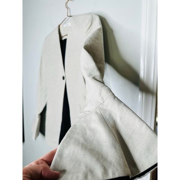 Co Beige Wool Hemp Blend Peplum Bell Sleeves One Button Blazer Jacket Size Small - Picture 8 of 15